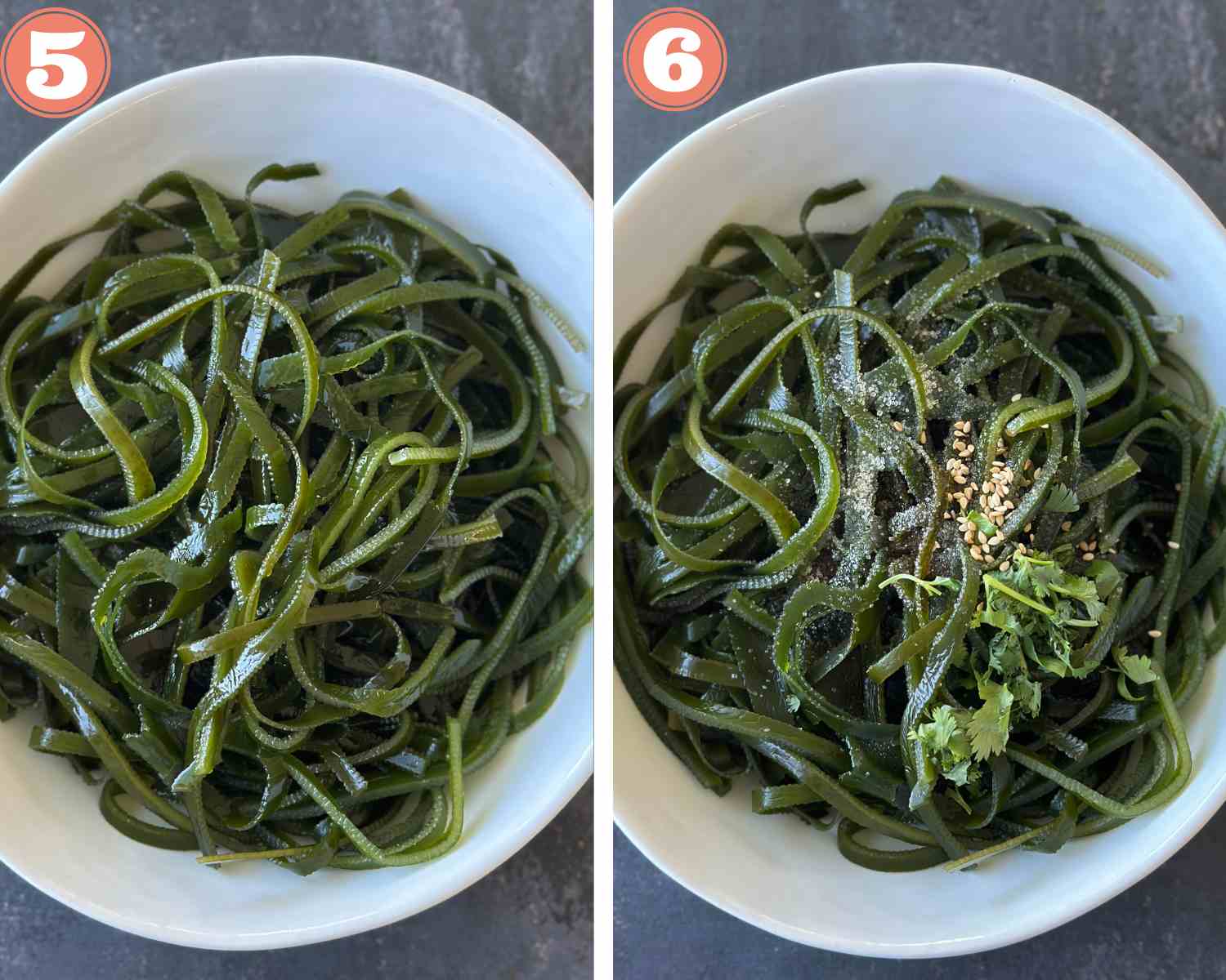 Collage steps to make Chinese Seaweed Salad; add to a bowl and add condiments. 