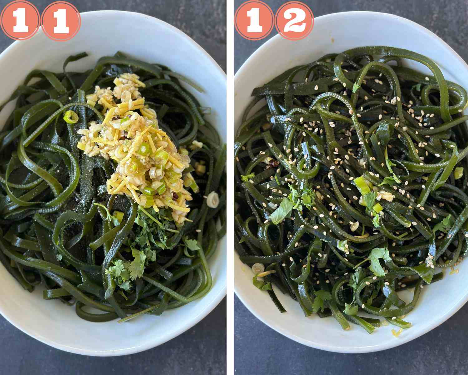 Collage steps to make Chinese Seaweed Salad; add tempering to seaweed and mix well before serving. 