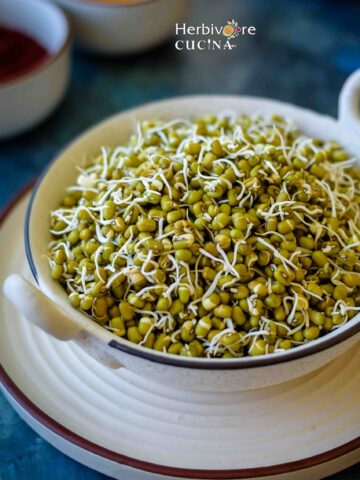 Side view of sprouted moong beans in a white bowl with a white plate below it.