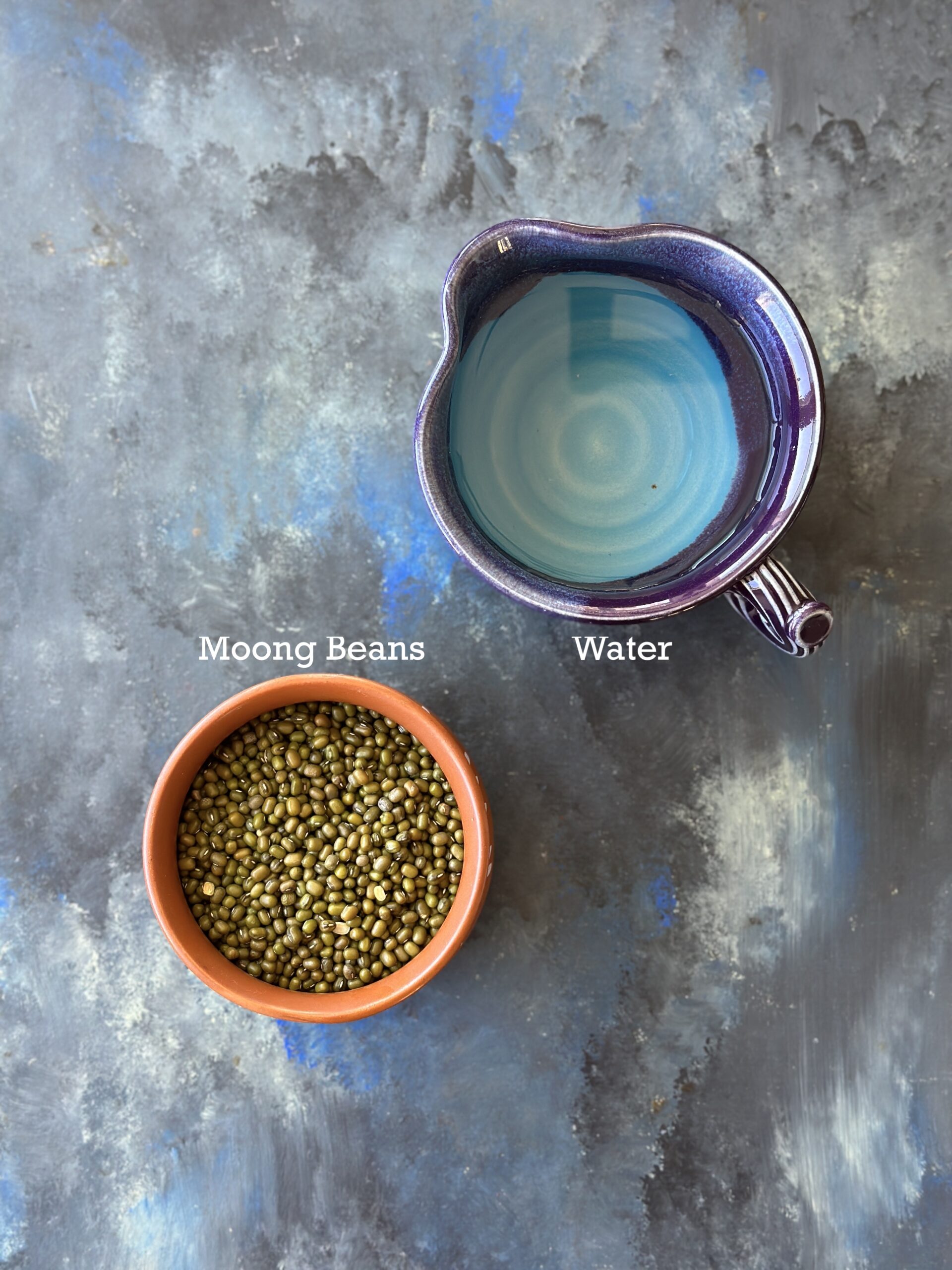 Ingredients to sprout moong beans; moong and water on a black blue background. 