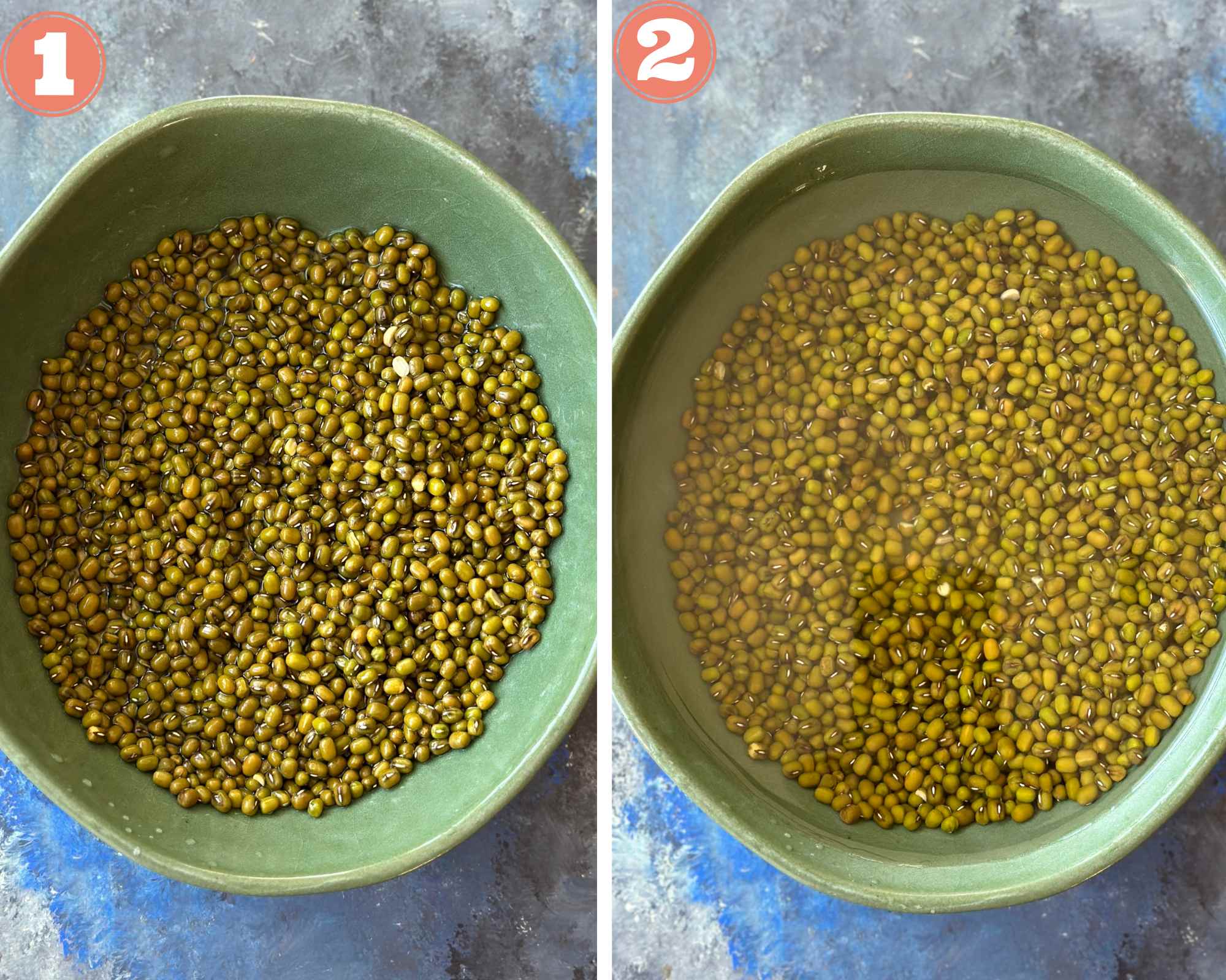 Collage steps to make moong sprouts; was, drain and soak the beans in water. 