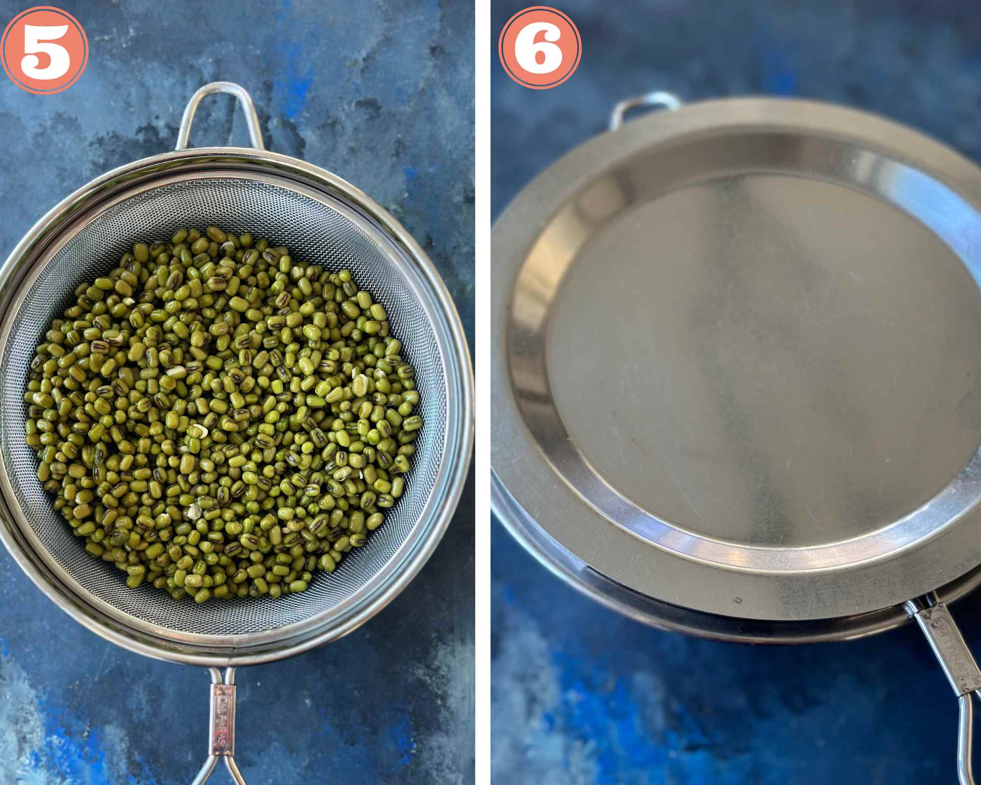 Collage steps to make moong sprouts; add the moong beans in a colander and cover. 