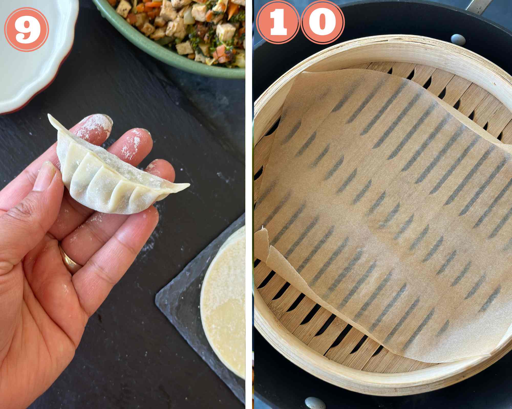 Collage steps to make steamed dim sum; pleat the dumplings well and prepare the steamer with parchment paper. 