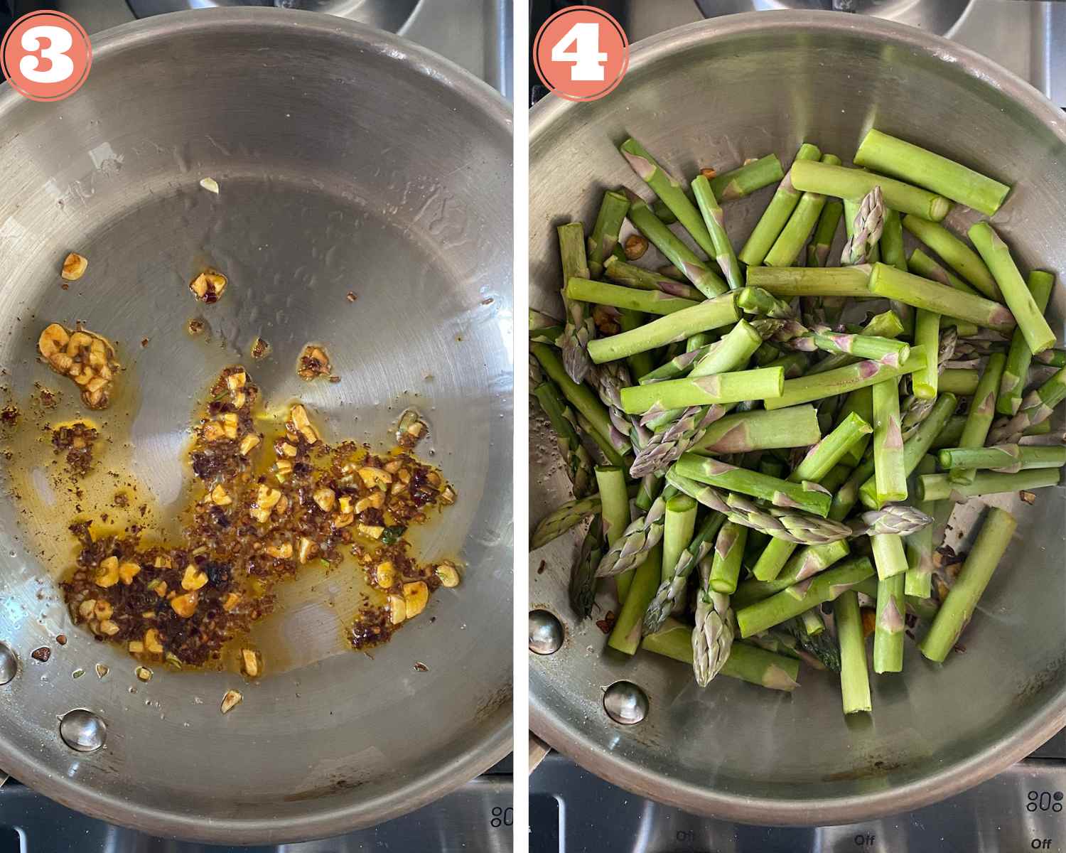 Collage steps for Stir Fried Sesame Asparagus; add chili and then add asparagus.