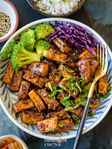 Stir fried tofu topped with scallions served with steamed broccoli and slaw in a plate.