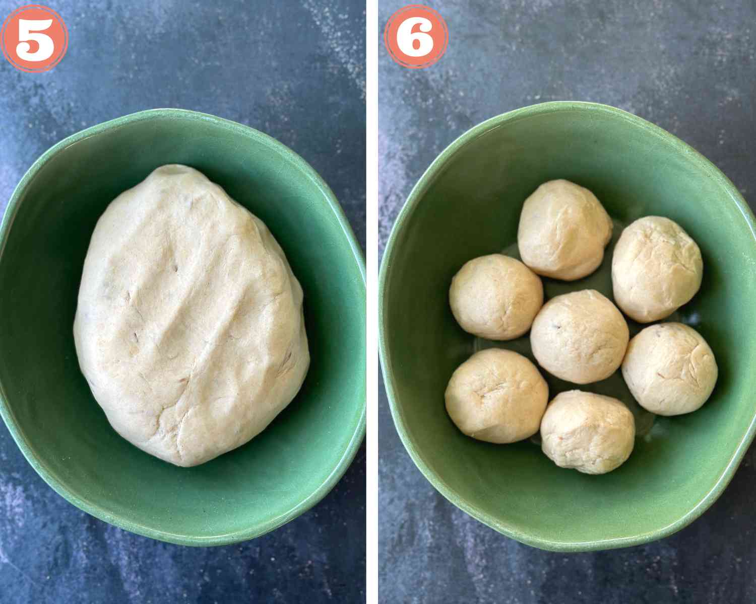 Collage steps for triangle parathas; rest the dough in a bowl and divide into balls. 