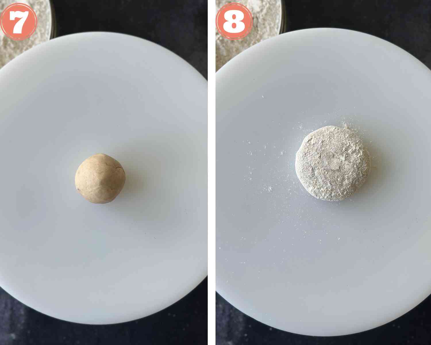 Collage steps for triangle parathas; place a dough ball on a rolling board and coat with dry flour. 