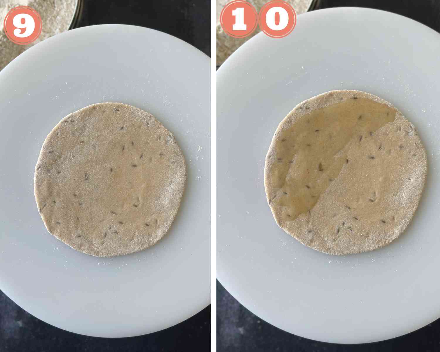 Collage steps for triangle parathas; roll the dough ball to a round and apply oil. 