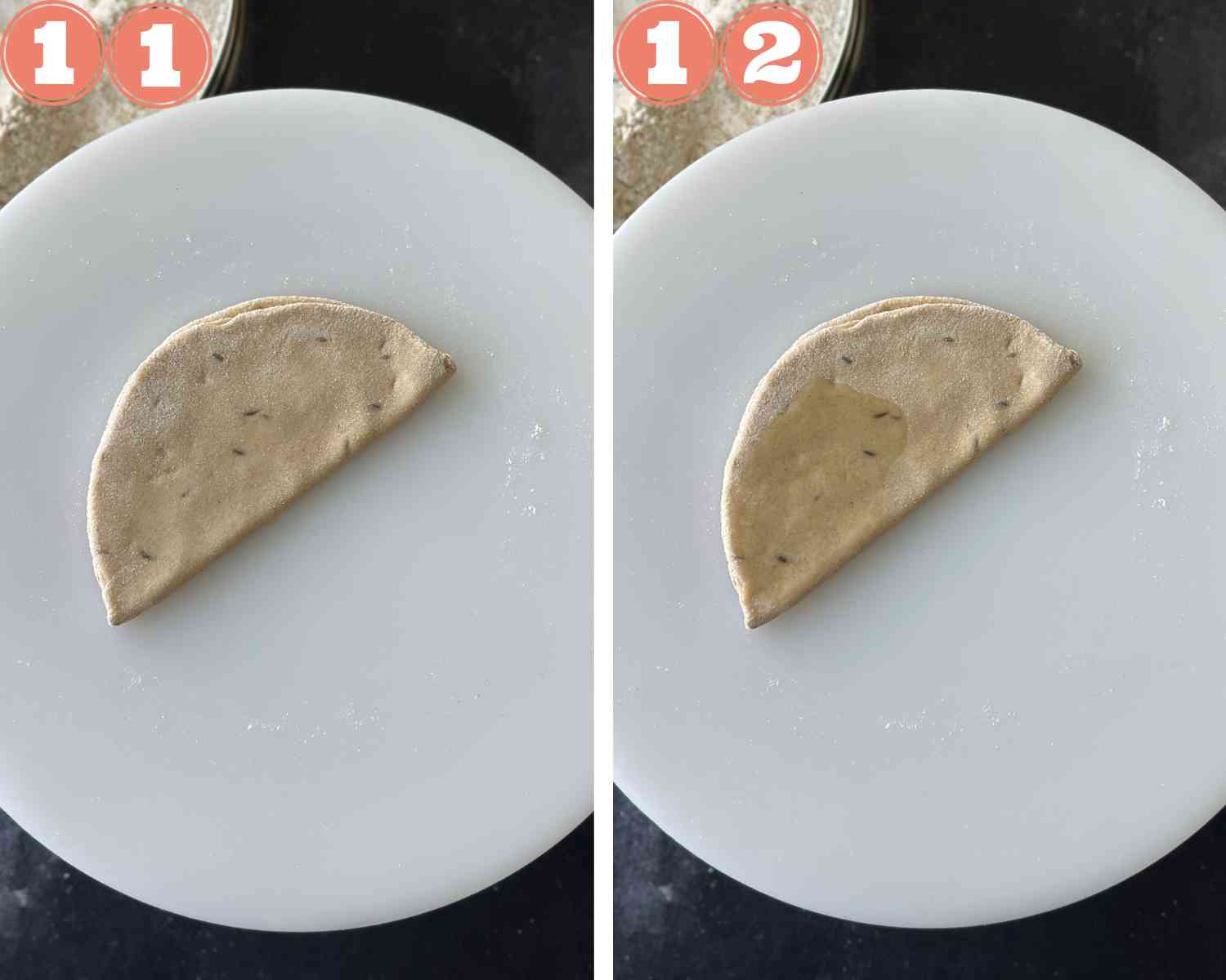 Collage steps for triangle parathas; fold the dough into half and apply oil. 