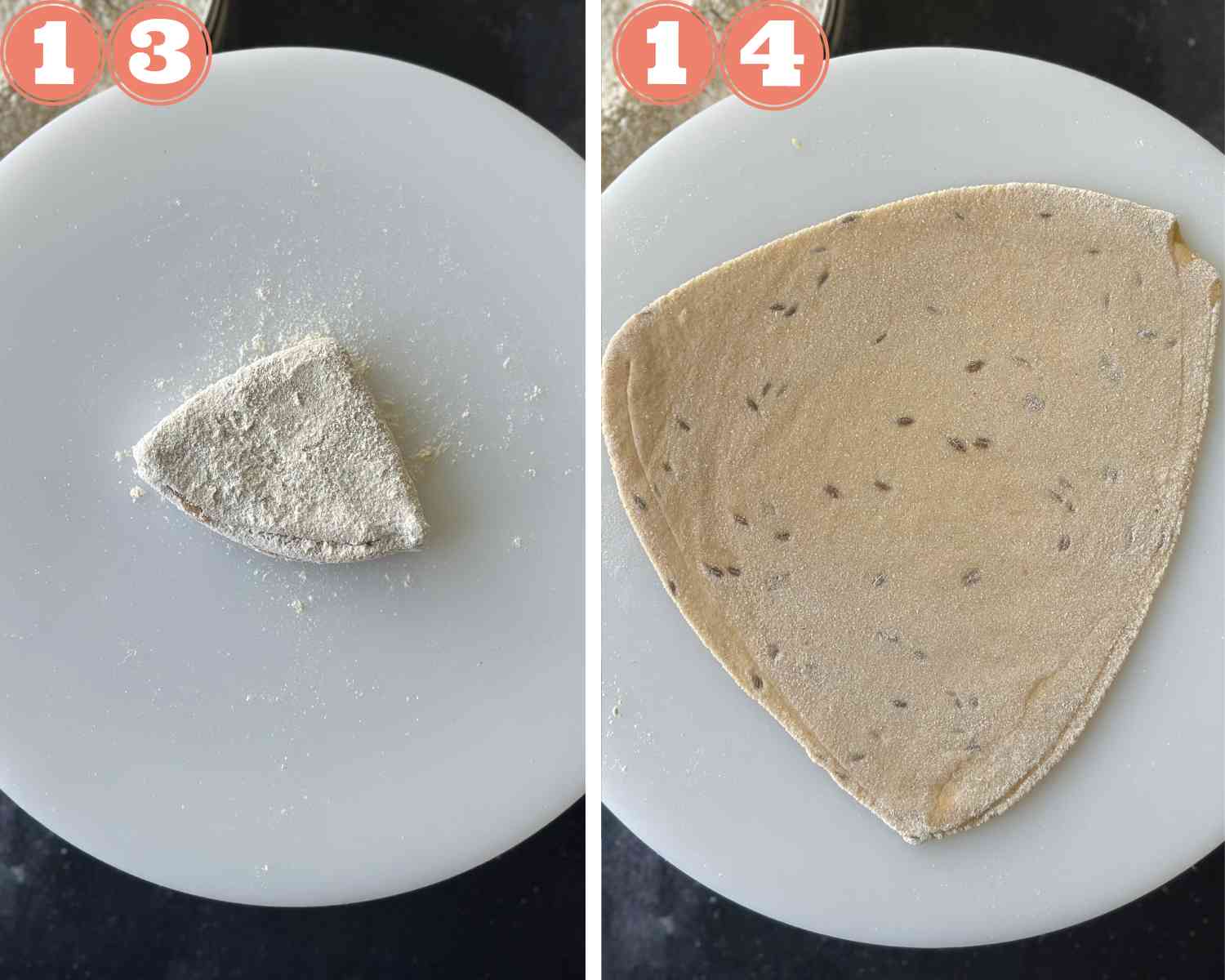 Collage steps for triangle parathas; coat in flour and roll to a triangle. 