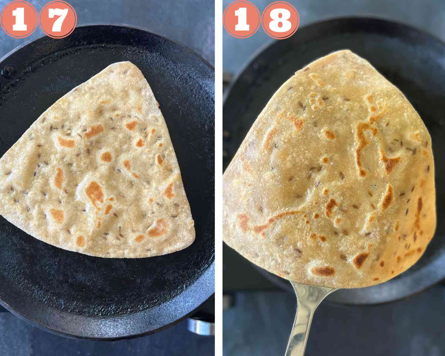 Collage steps for triangle parathas; cooking paratha in ghee and serving. 