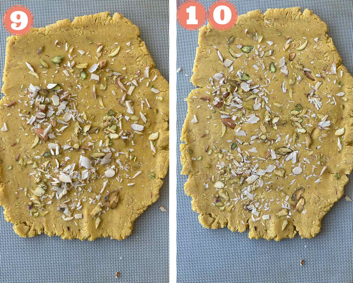 Collage steps to make Badam Puri; adding nuts to the almond flour mix and rolling them into the mix. 