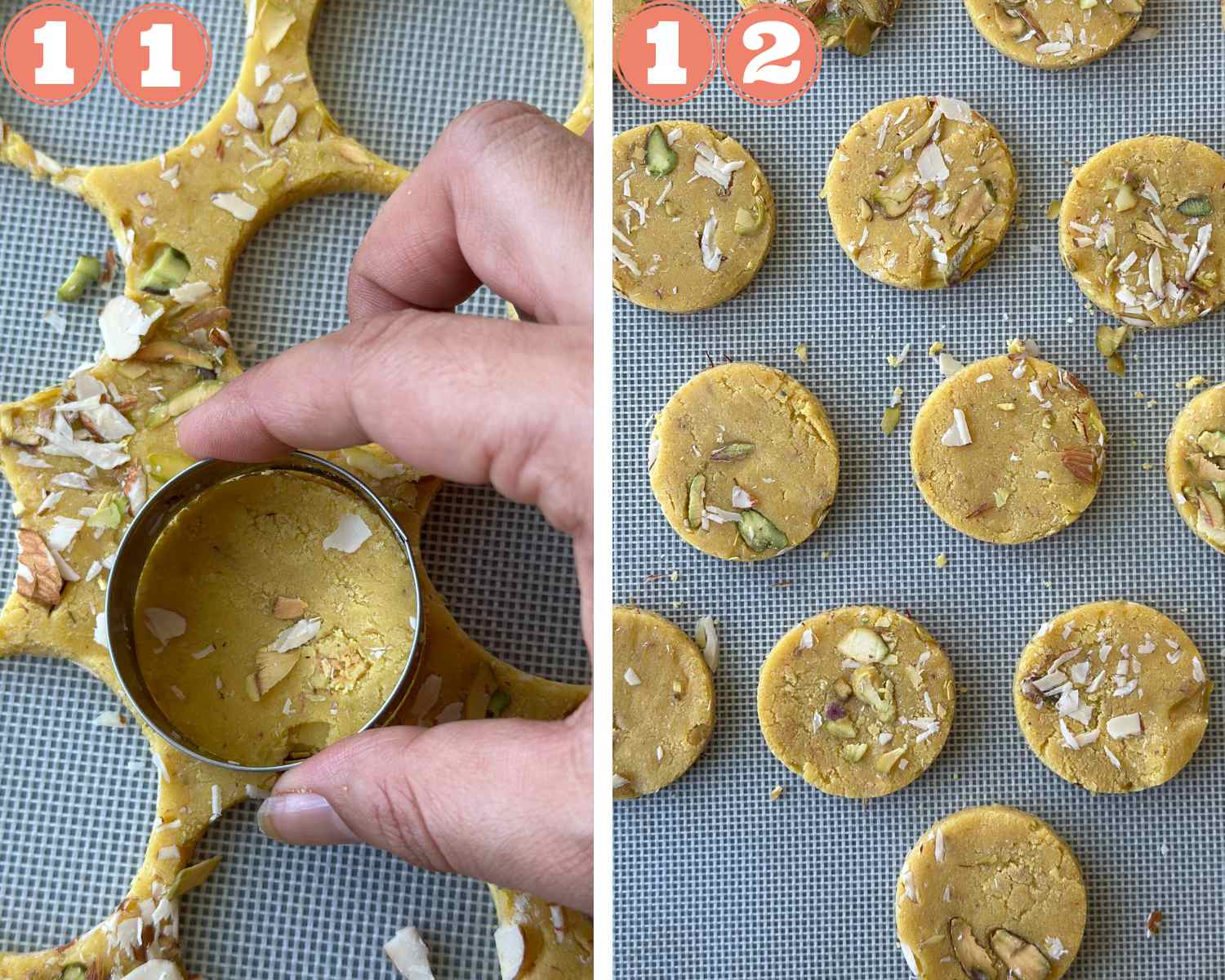 Collage steps to make Badam Puri; cutting rounds and placing under a broiler. 