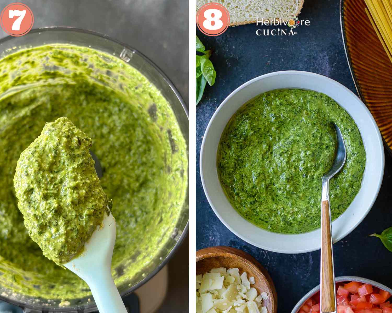 Collage steps for basil pesto; transferring the pesto to a bowl and serving. 