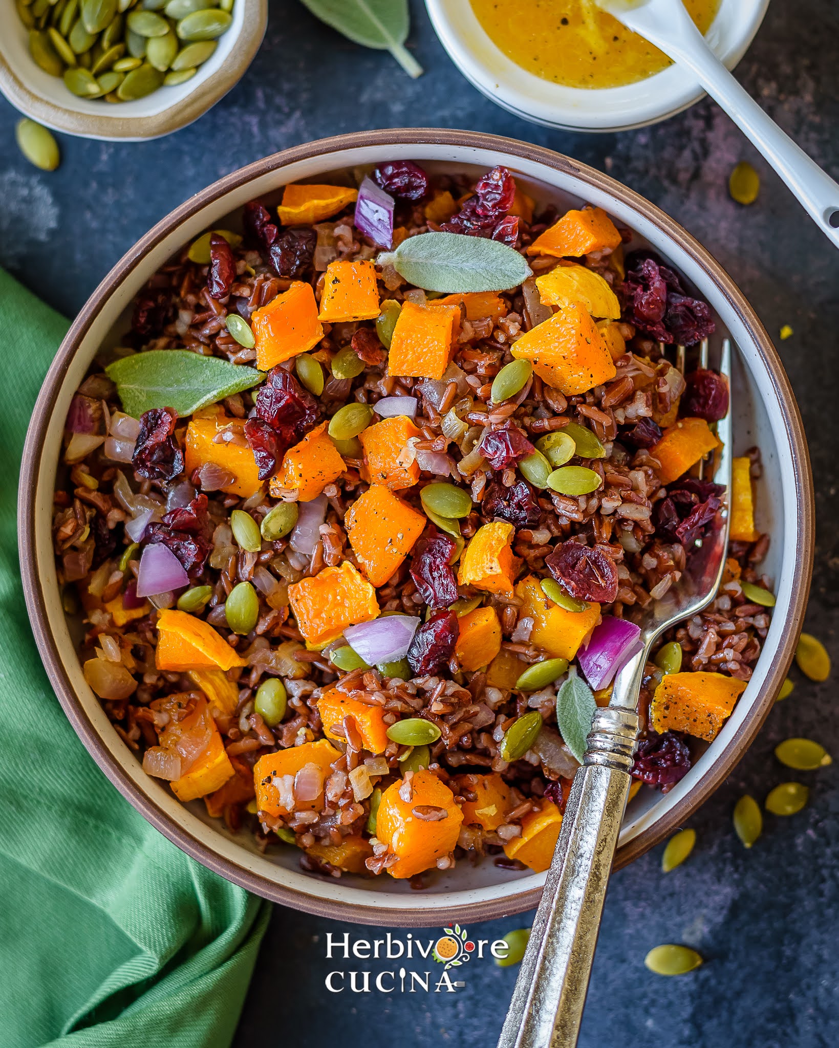 A bowl filled with butternut squash and red rice pilaf, topped with butternut squash, cranberries and pepitas. 