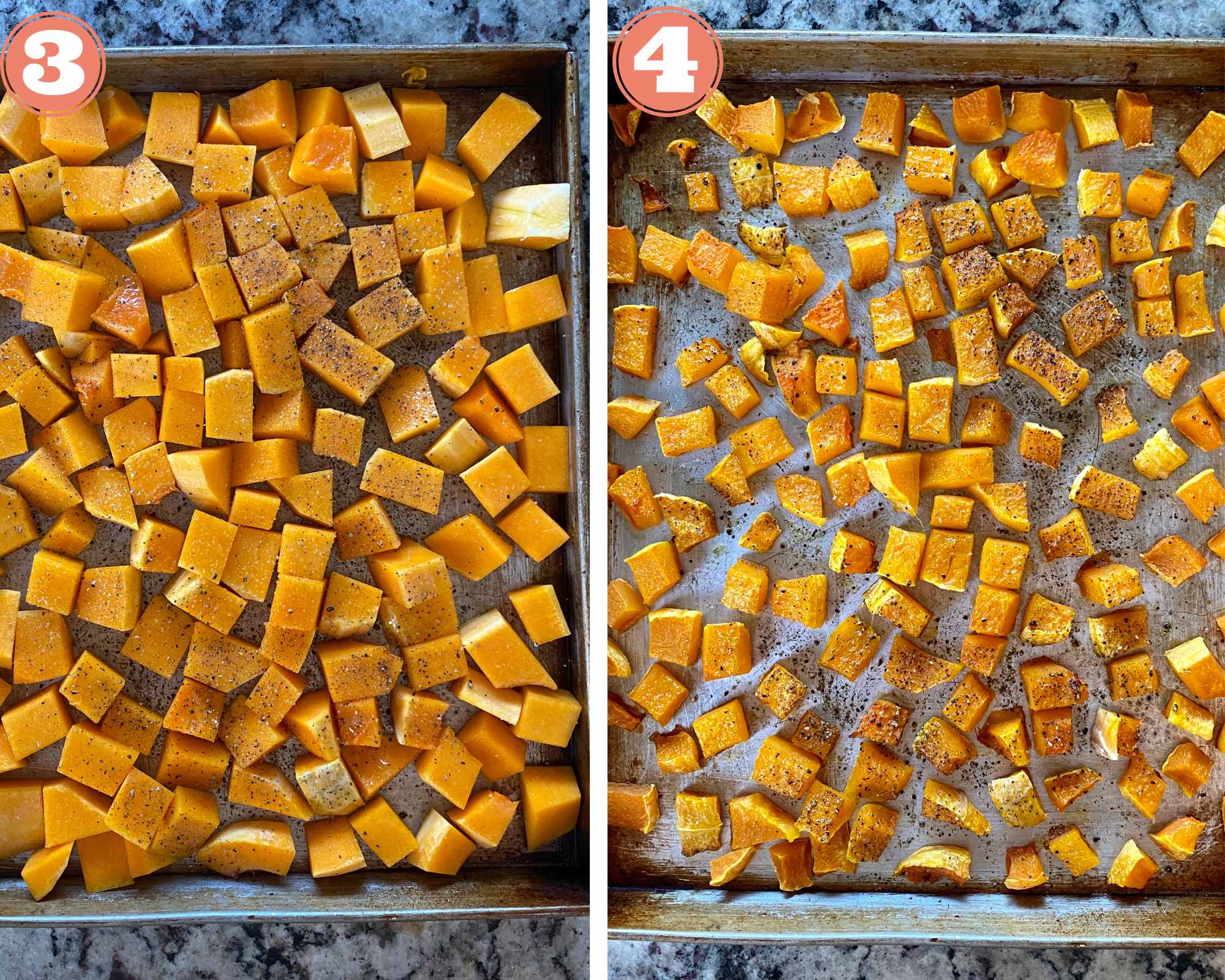 Collage steps for Butternut squash red rice pilaf; bake the pieces till fork tender. 