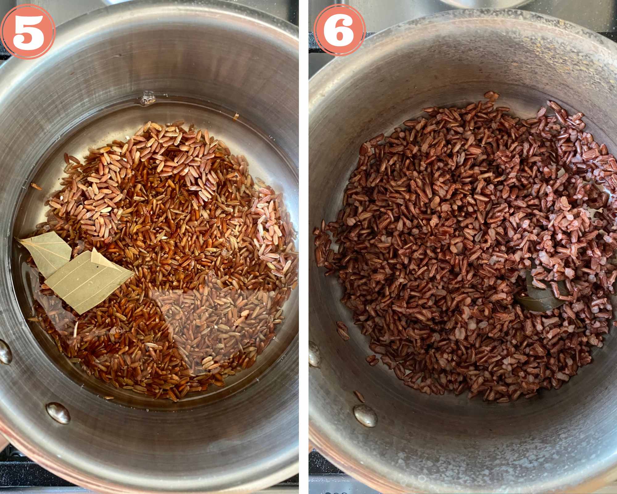 Collage steps for Butternut squash red rice pilaf; cook the red rice in stock, water and bay leaves. 