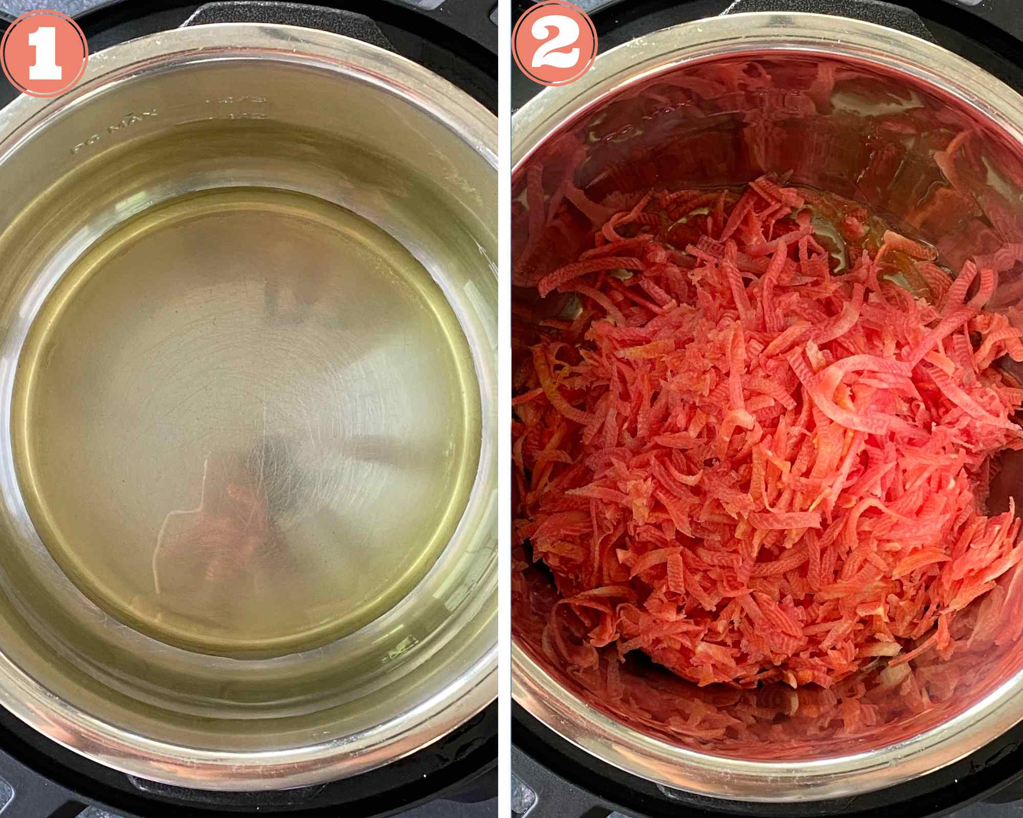 Collage steps to make gajar halwa; heating ghee and adding carrots to it. 