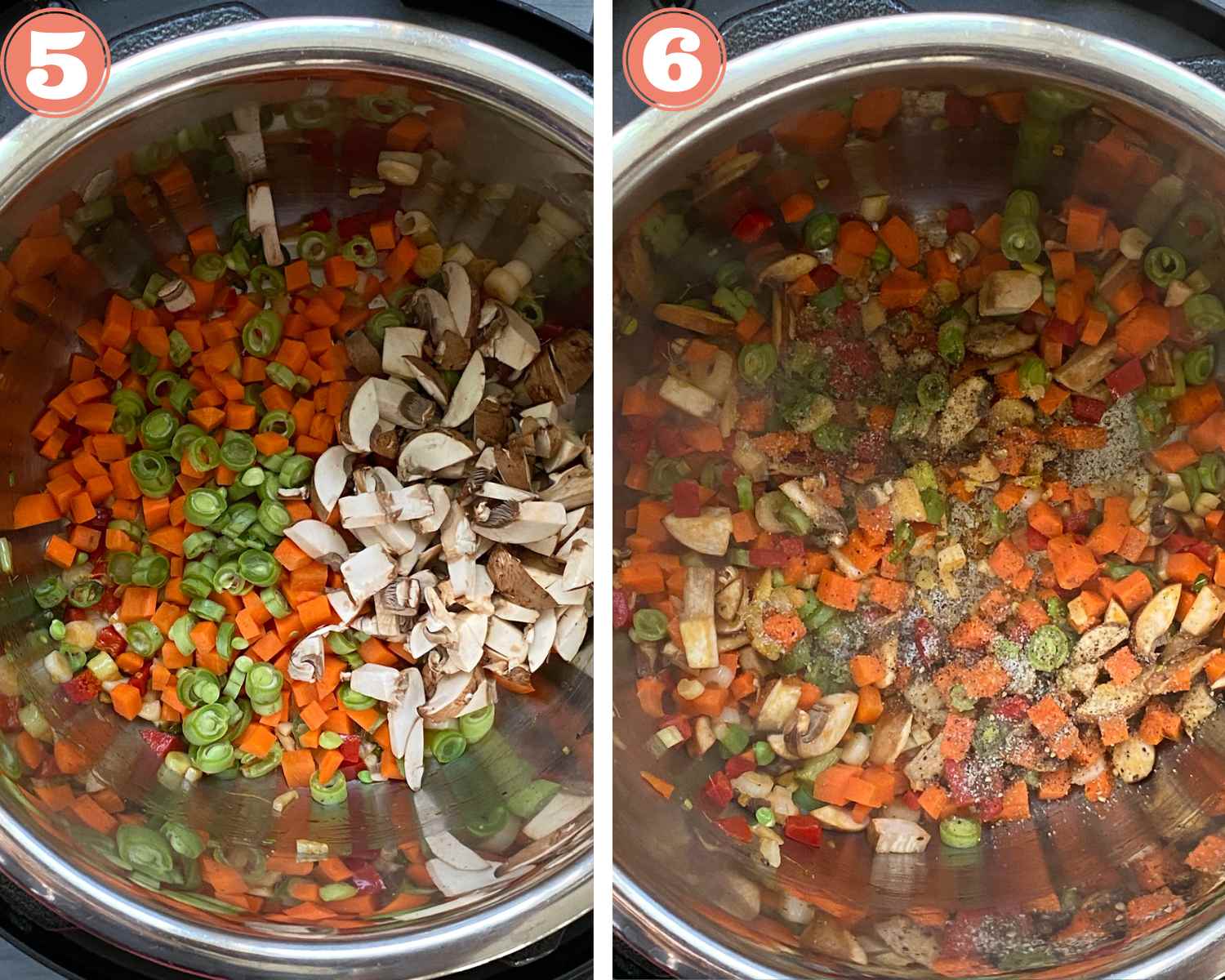 Collage steps to make Manchow Soup; add in vegetables and spices in the instant pot. 
