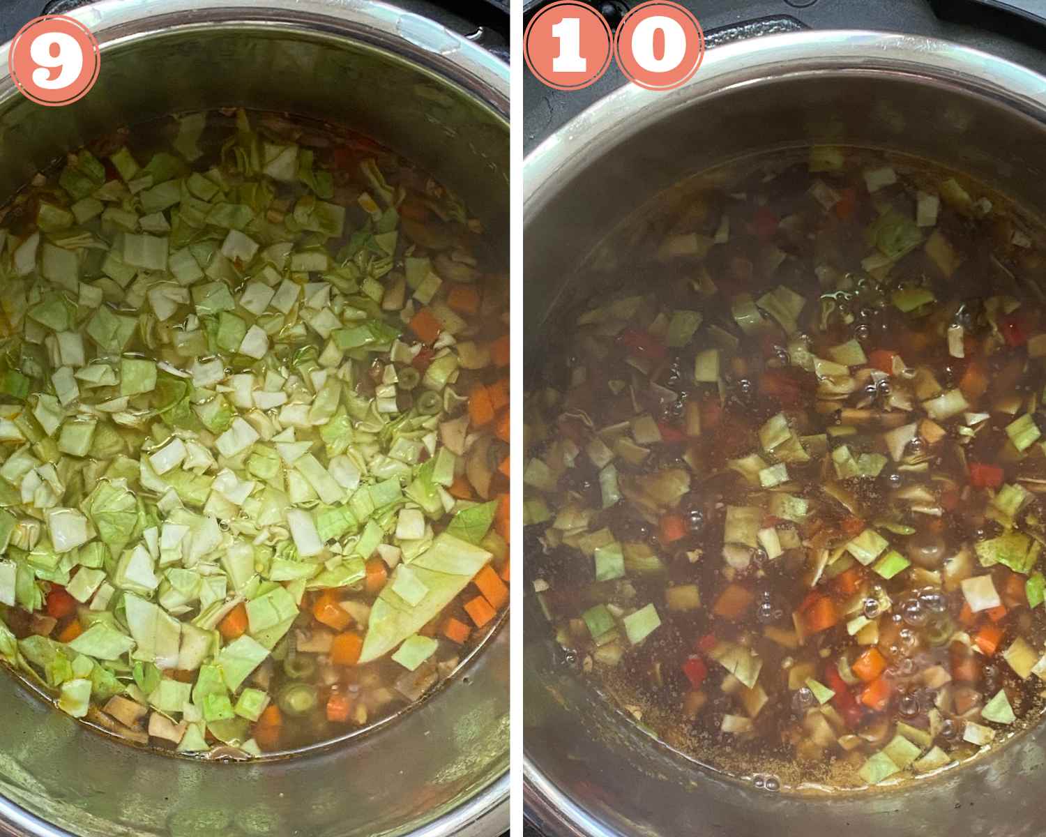 Collage steps to make Manchow Soup; adding cabbage and boiling the soup. 