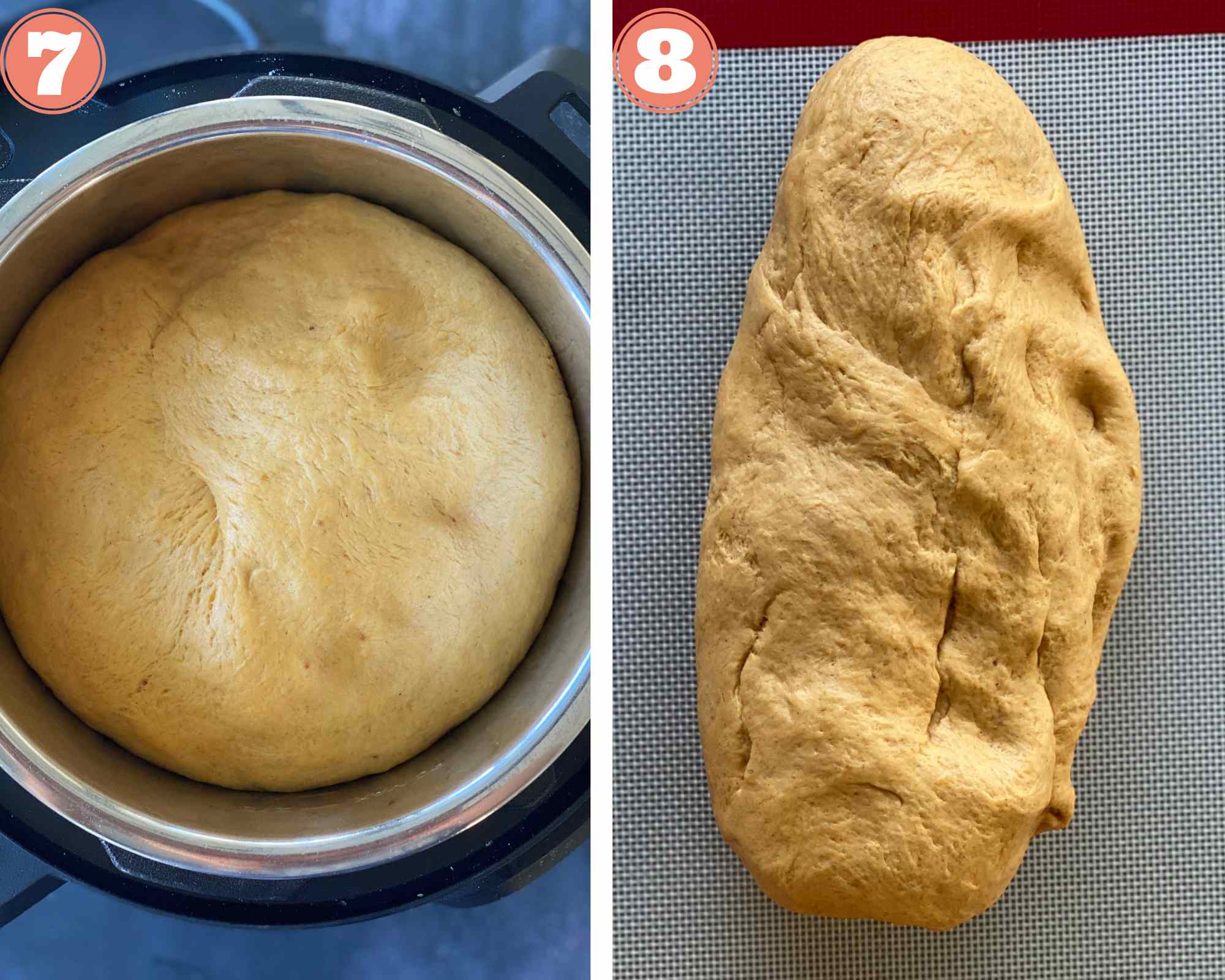 Collage steps to make Vegan Pumpkin Rolls; kneading the risen dough till smooth on a baking sheet. 