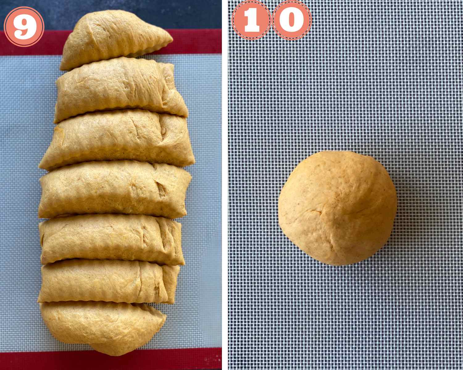 Collage steps to make Vegan Pumpkin Rolls; dividing the dough and shaping into round balls. 