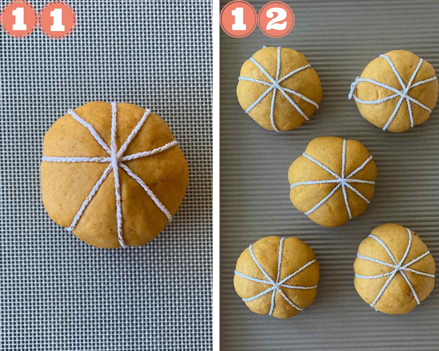Collage steps to make Vegan Pumpkin Rolls; shaping the dough balls into pumpkins. 