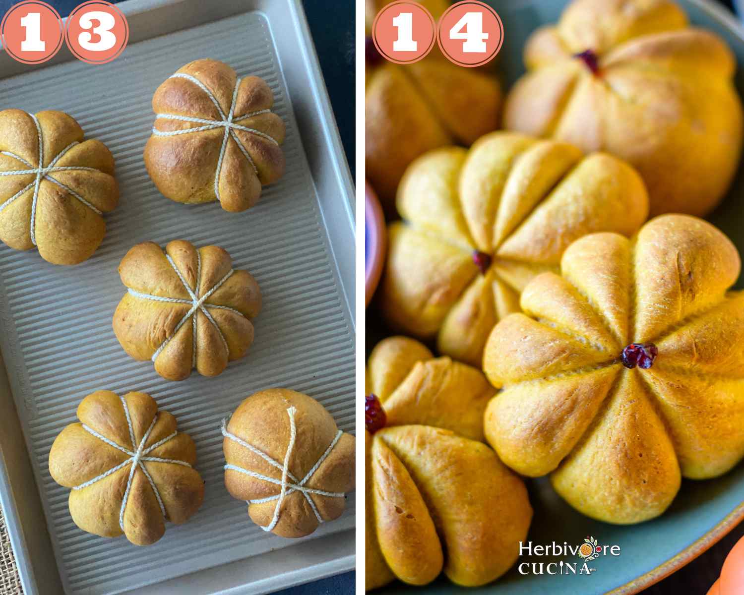 Collage steps to make Vegan Pumpkin Rolls; baking and removing the twine off the bread rolls to serve. 