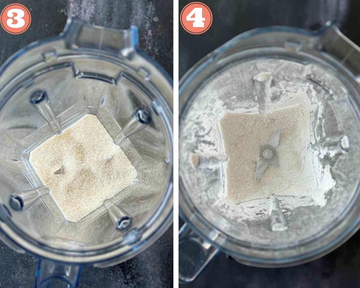 Collage steps to make rava ladoo; processing sugar in a blender jar. 