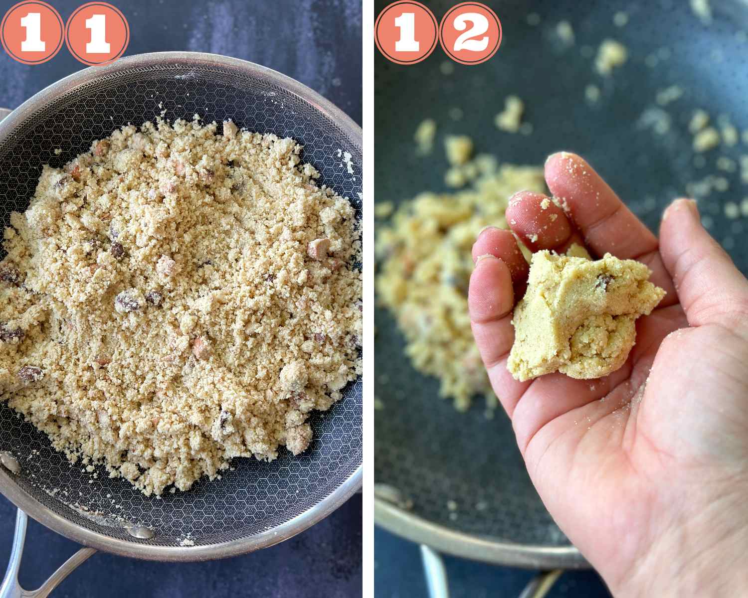 Collage steps to make rava ladoo; making the rava sugar mix and rolling it with the palms. 