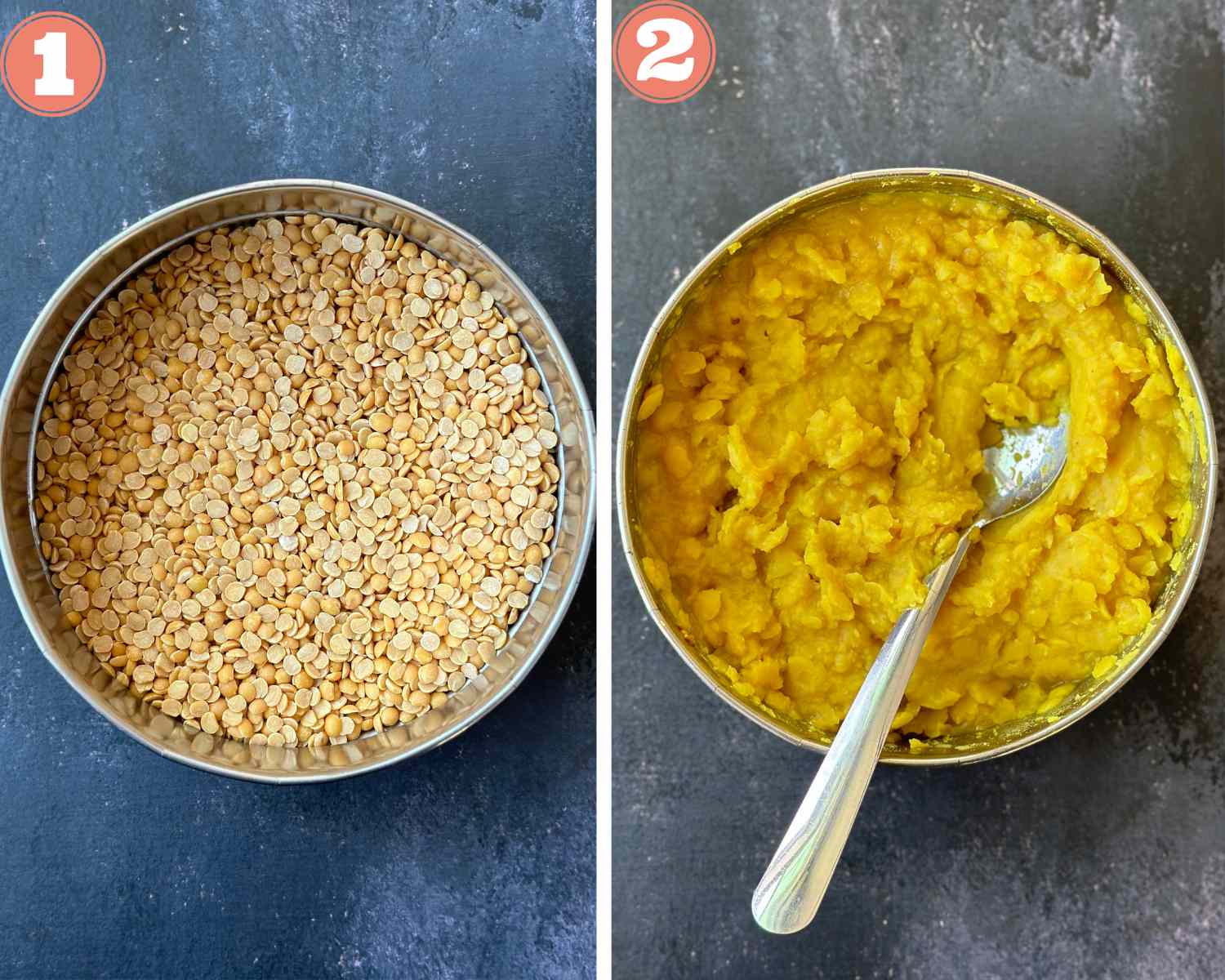 Collage steps to make Sambar; pressure cooked dal in a steel insert.
