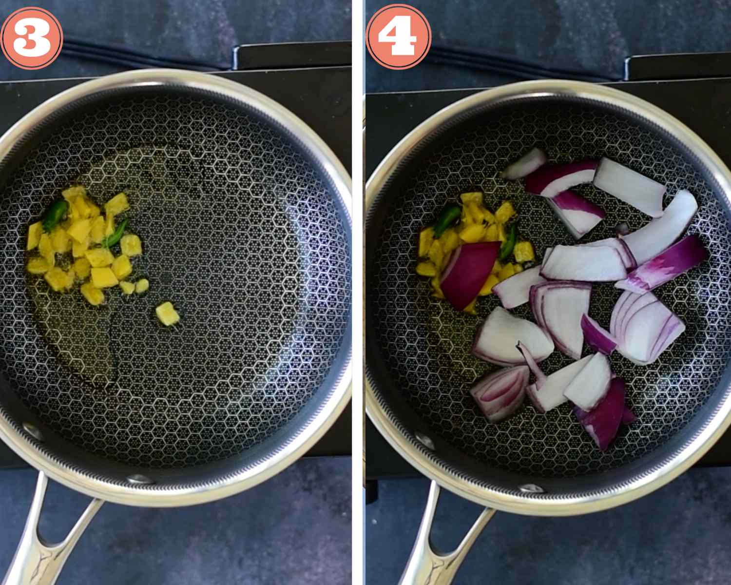 Collage steps to make Sambar; cooking ginger, chili and onions in oil in a thick pan. 