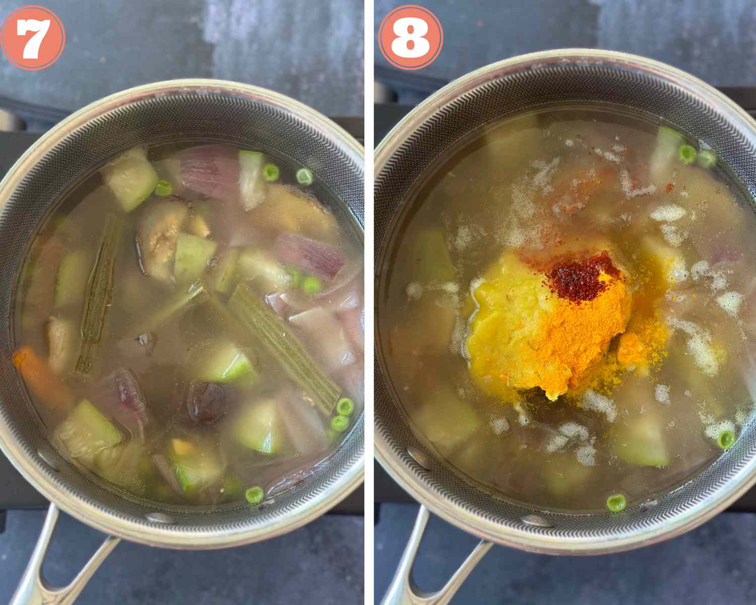 Collage steps to make Sambar; cooking vegetables and dal in a thick pan. 