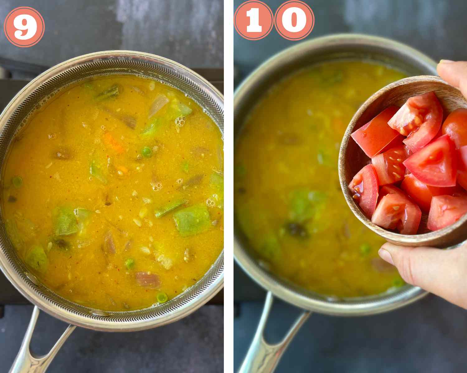 Collage steps to make Sambar; cooking dal and adding tomatoes. 