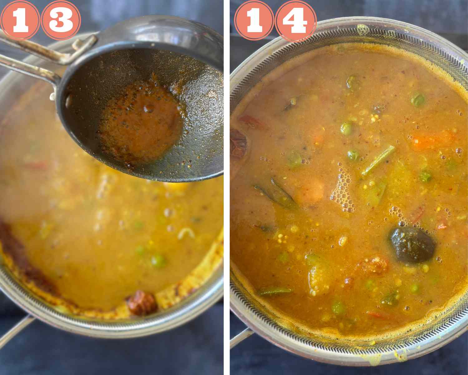 Collage steps to make Sambar; adding tempering to the sambar and cooking the sambar. 