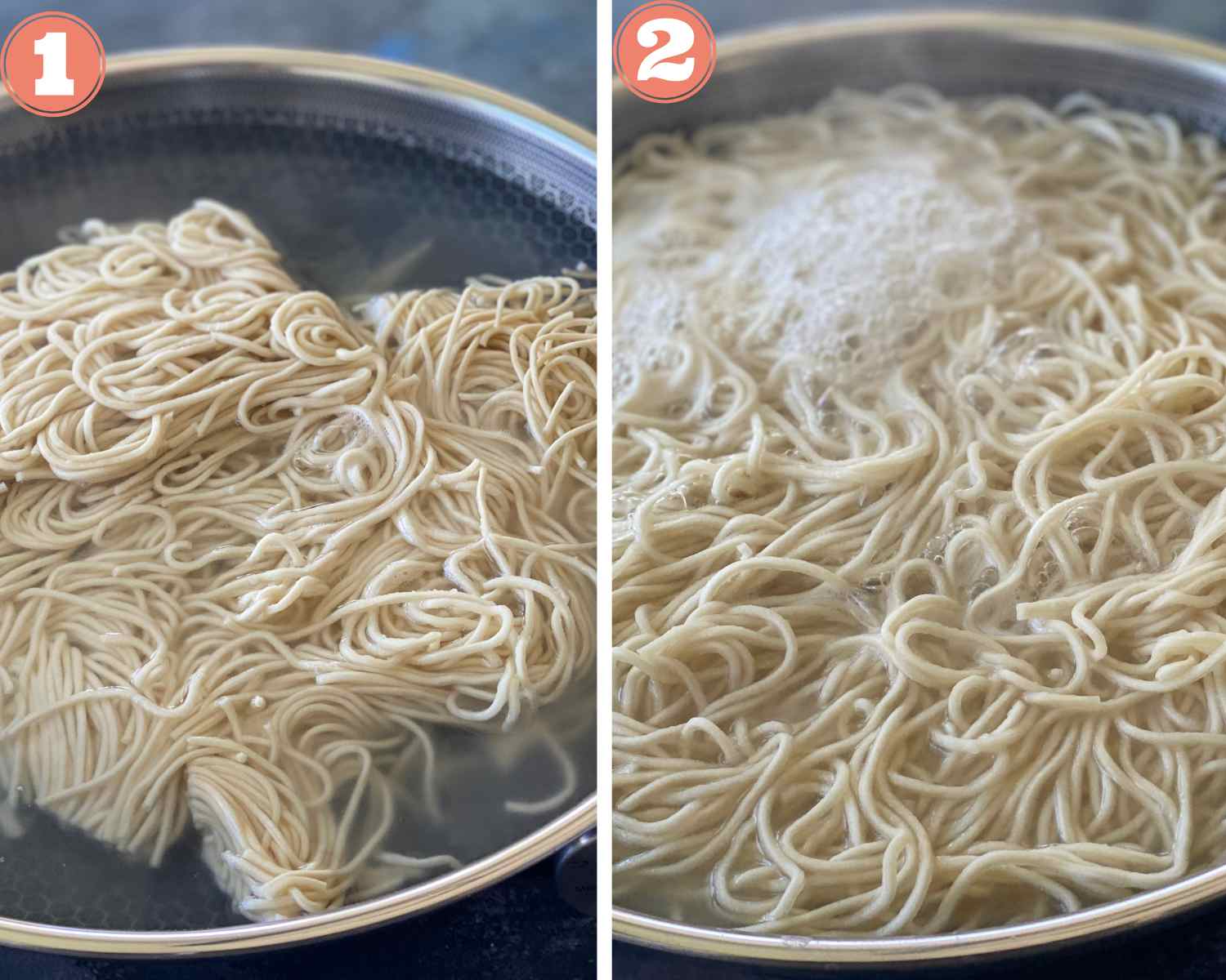Collage steps to make Schezwan noodles; adding noodles and salt to boiling water. 