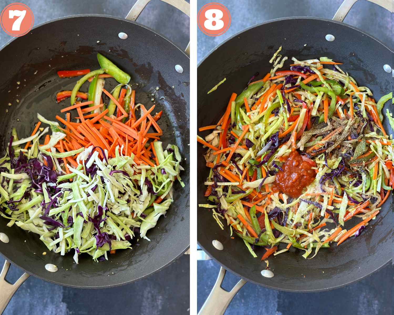 Collage steps to make Schezwan noodles; adding vegetables and sauces, then cooking for a few minutes in a wok. 