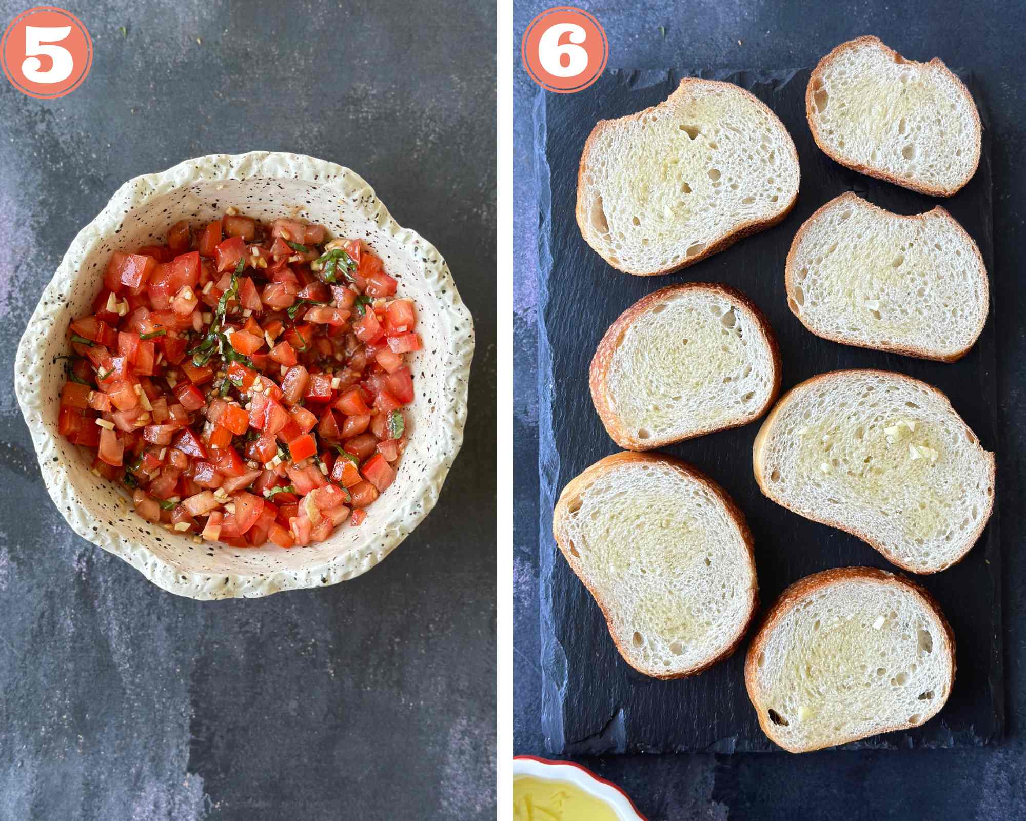 Collage steps to make bruschetta; preparing the tomato mix and spreading olive oil over bread slices. 