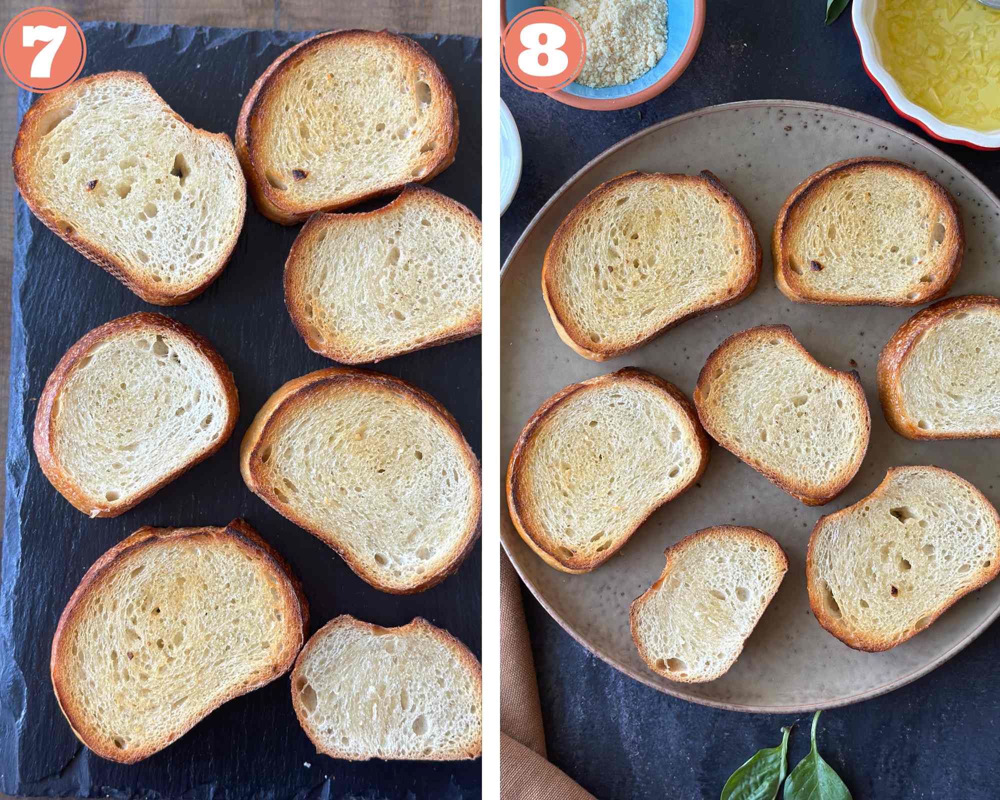 Collage steps to make bruschetta; toasted slices of sourdough bread in a plate. 