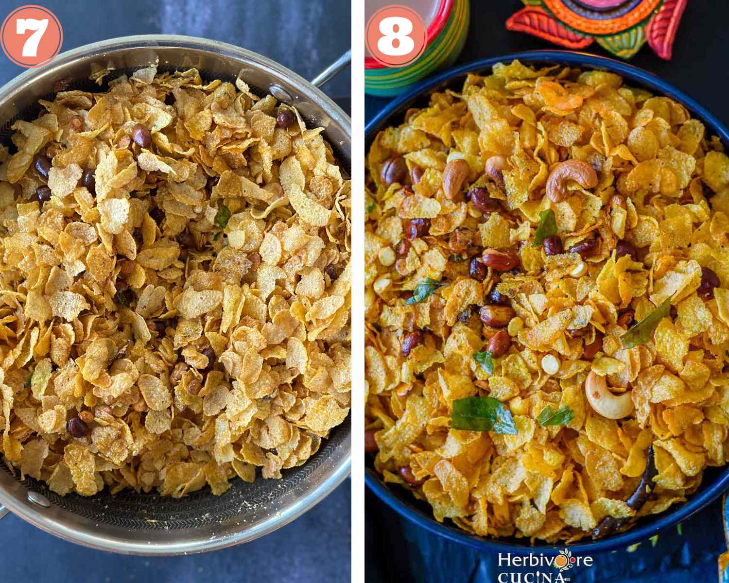Collage steps to make corn flakes chevdo; mixing everything well and serving in a bowl. 