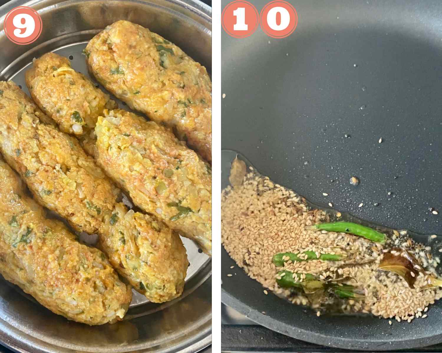 Collage steps to make dudhi muthiya; steamed muthiya with a pan of tempering in oil. 