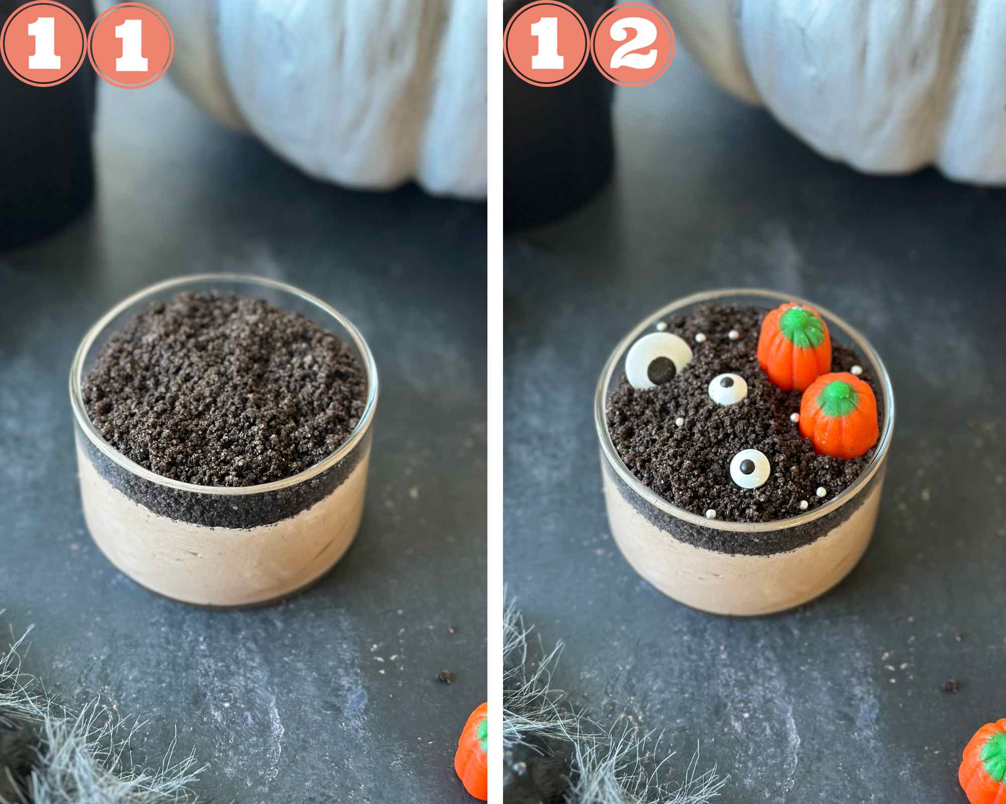 Collage steps to make Halloween Chocolate Mousse; adding oreo on mousse and topping them with sprinkles. 