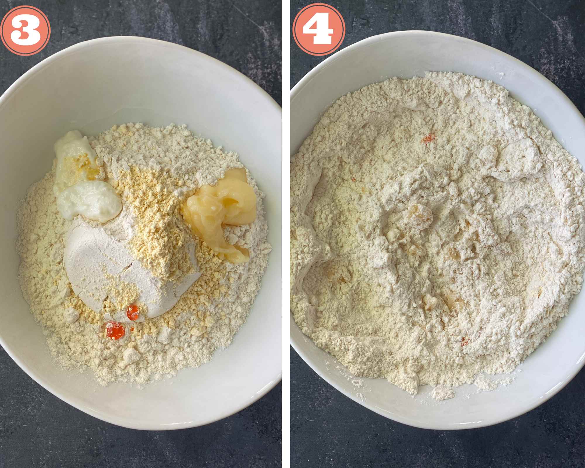Collage steps to make instant jalebi; add the ingredients of jalebi batter in a bowl. 