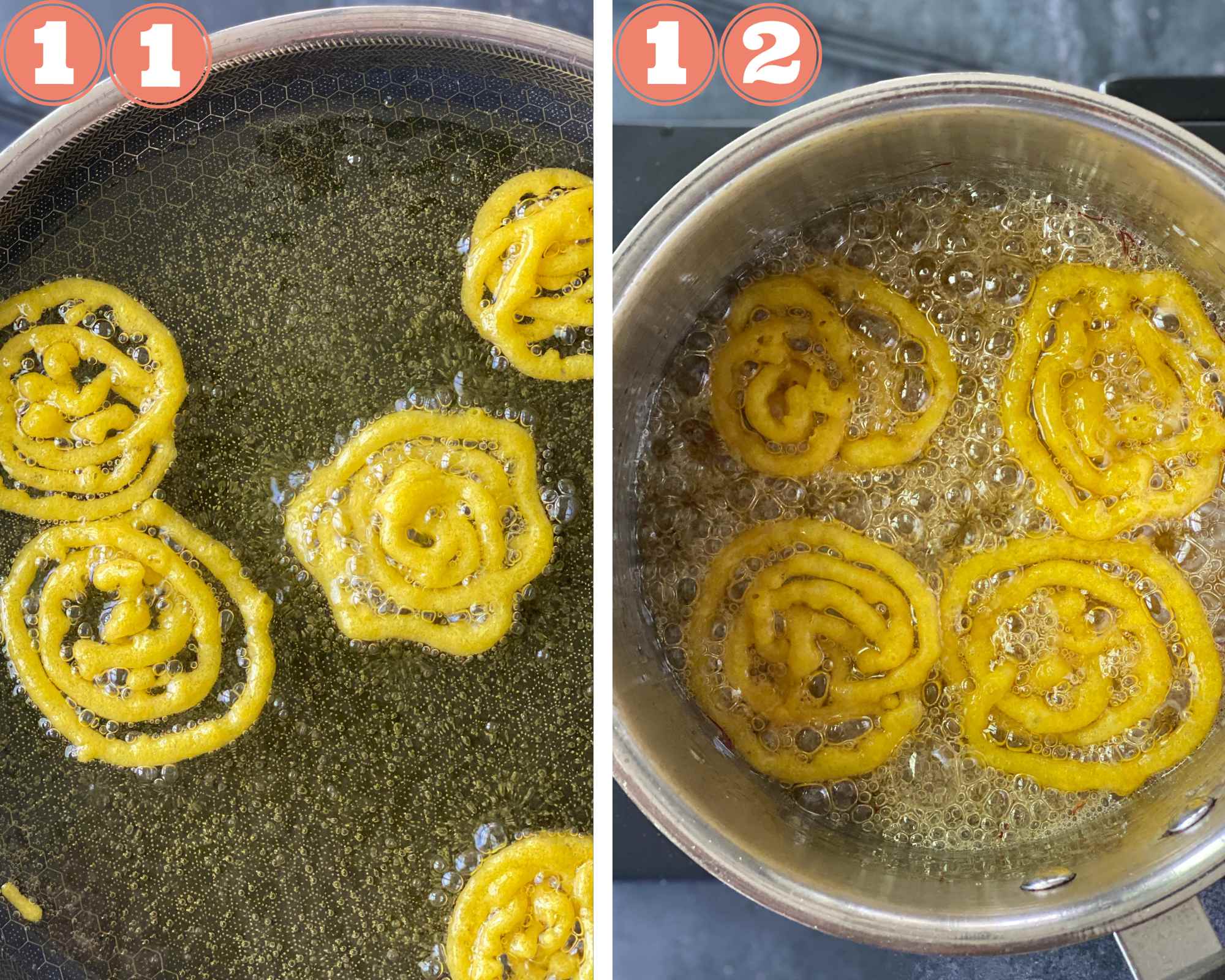 Collage steps to make instant jalebi; frying and dunking the jalebi in sugar syrup. 