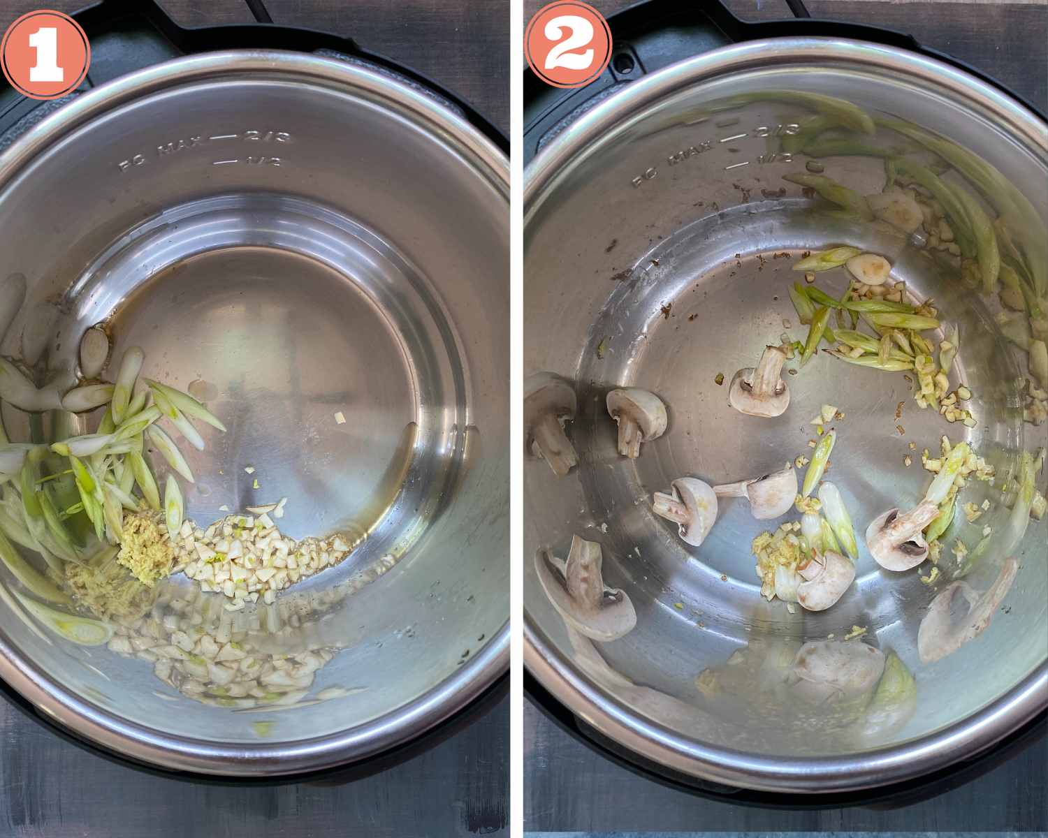 Collage steps to make Miso soup; heating aromatics with mushroom in the instant pot. 