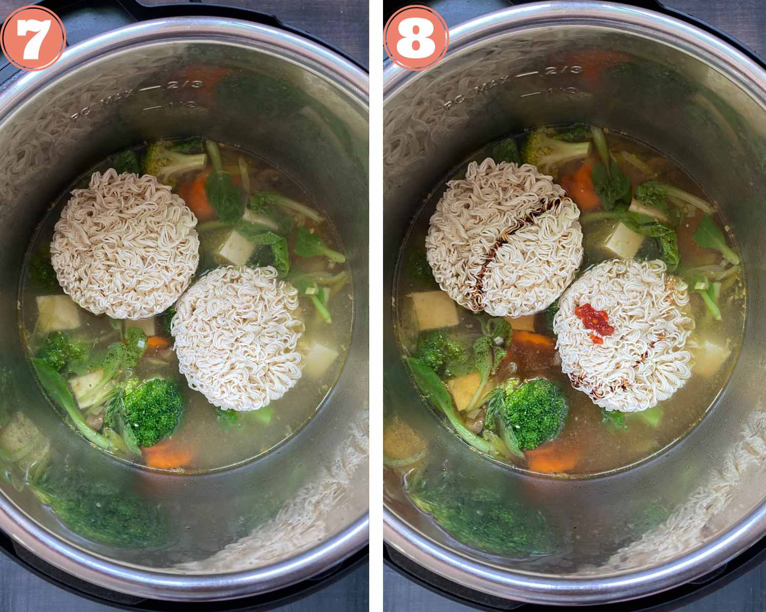 Collage steps to make Miso soup; adding in ramen cakes and sauces to the broth and vegetables. 