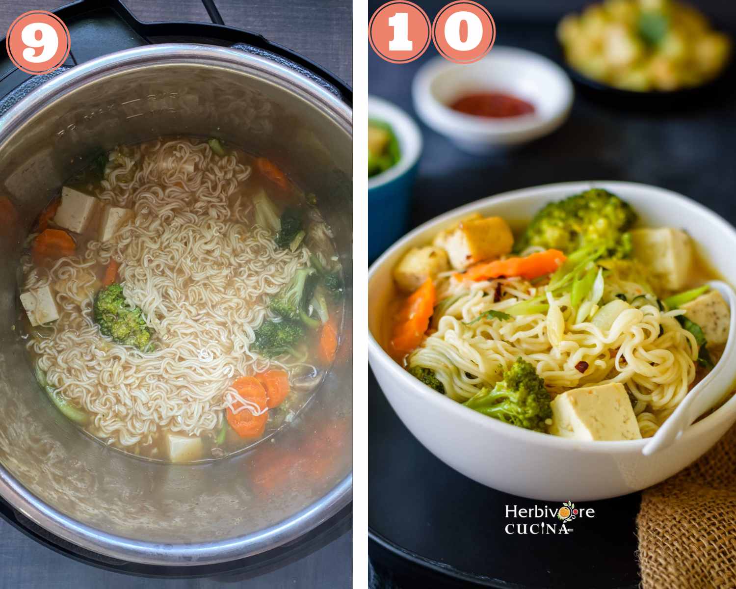 Collage steps to make Miso soup; instant pot with soup and served soup in a white bowl. 