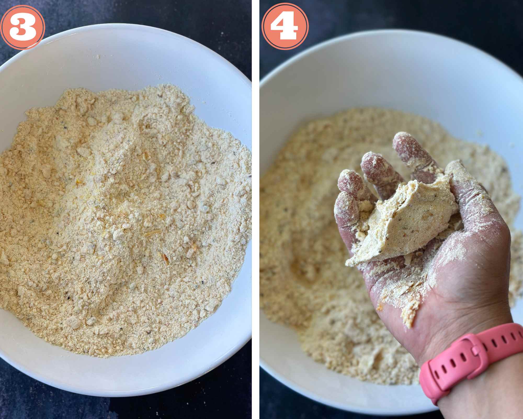 Collage steps to make rice flour chakli; bringing the  flours together with butter and seeds in a large bowl. 