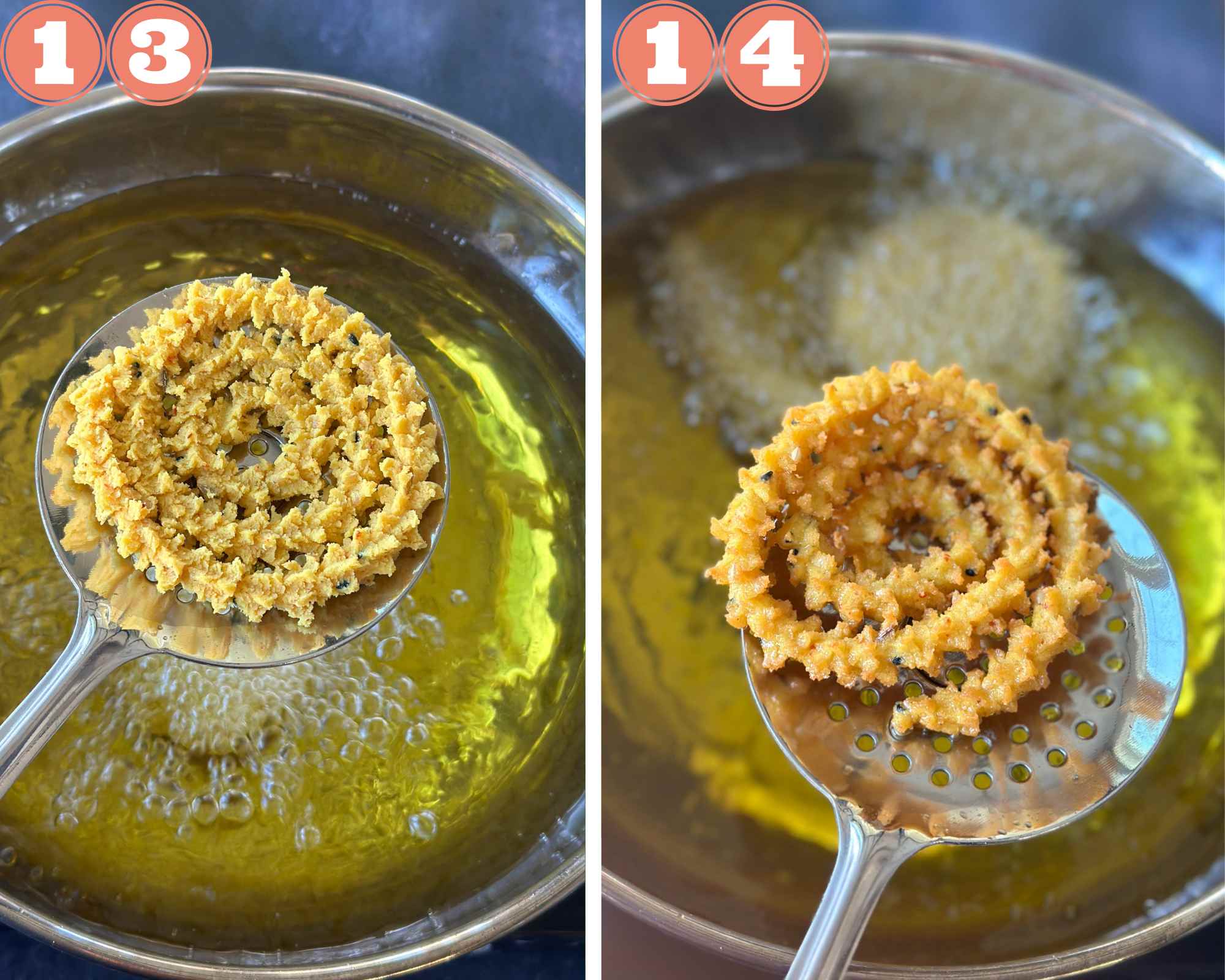 Collage steps to make rice flour chakli; frying the chakli till crisp and even colored. 