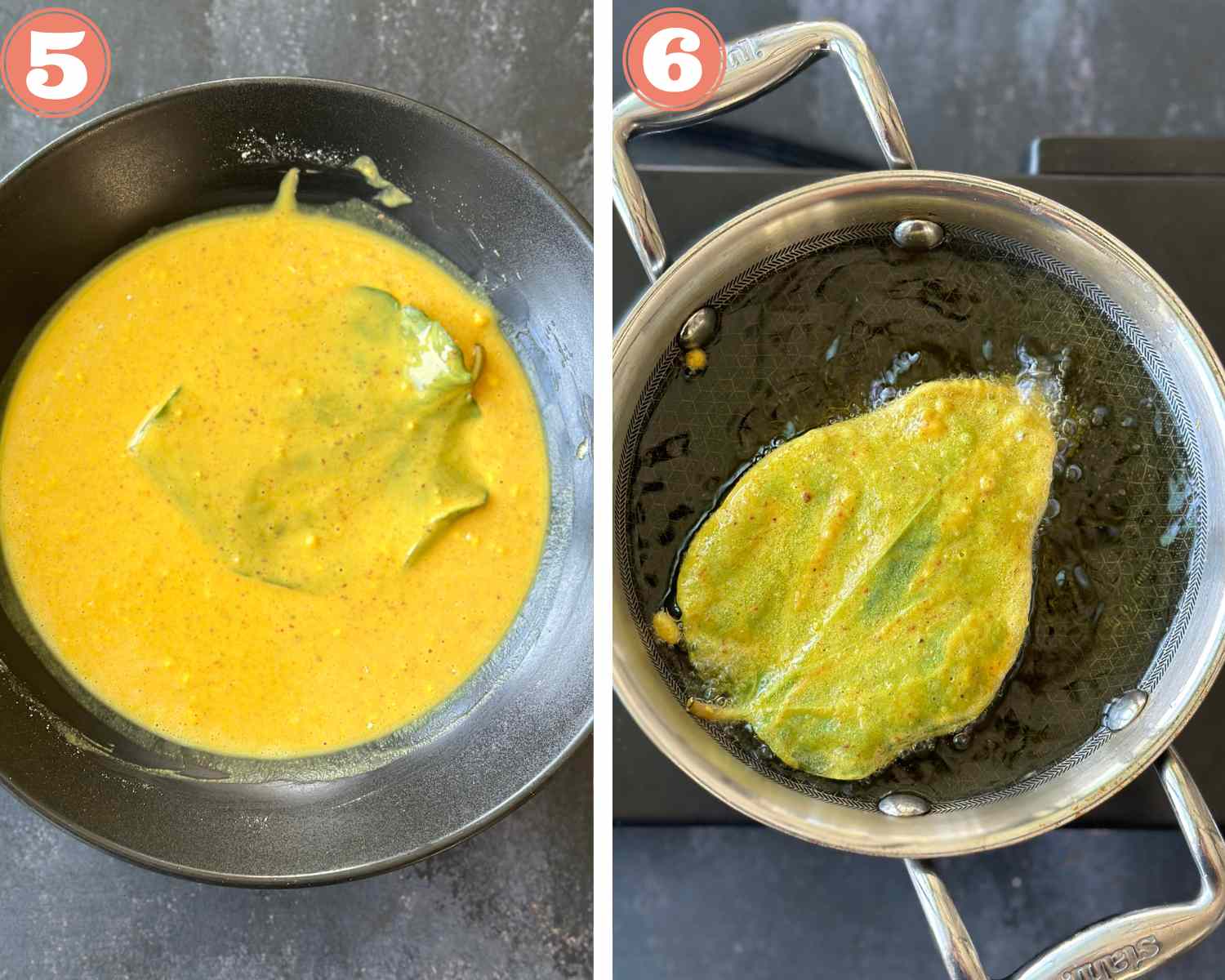 Collage steps to make Paan chaat; coating the paan leaf in batter and frying in hot oil. 